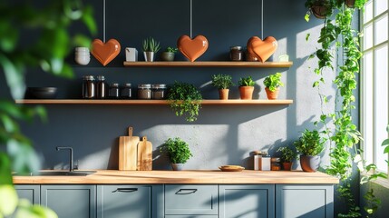 Sunlit kitchen with wooden shelves, plants, and heart decorations.