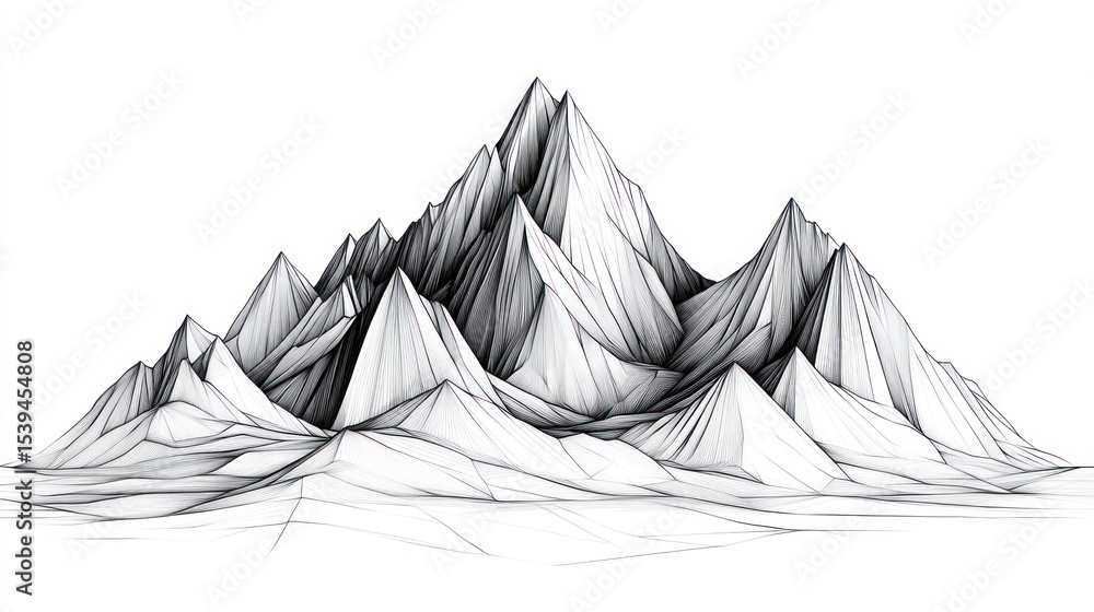 Poster abstract black and white digital art of sharp, angular mountain peaks with fine lines creating a tex