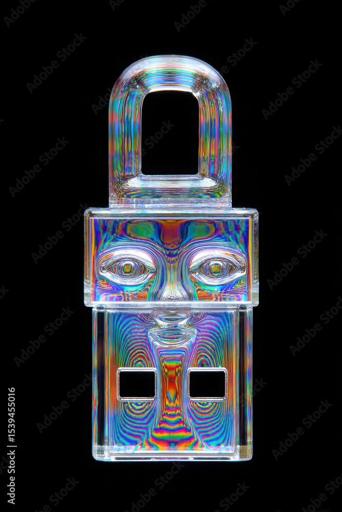 Poster transparent lock with colorful light refraction and face pattern