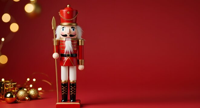 Christmas nutcracker soldier with bold colors and vintage charm, set on a clean red background, great for holiday ads or web banners.