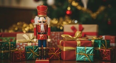 Nutcracker soldier stands amidst Christmas presents with blured festife cristmast background, perfect for seasonal promotions or website hero images.