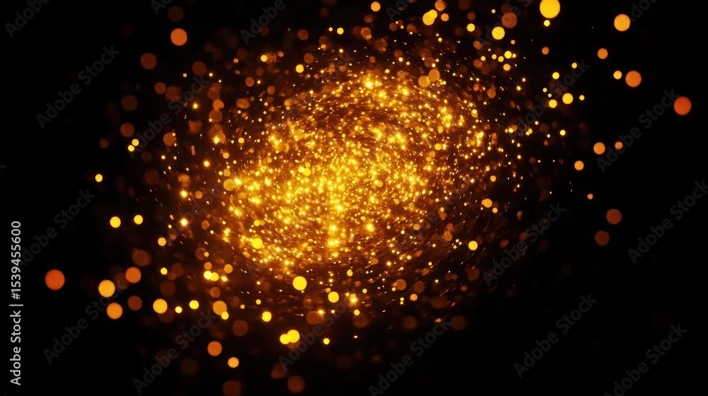 Poster bright golden glowing particles swirling in a dark space creating a vibrant and dynamic sparkling ef