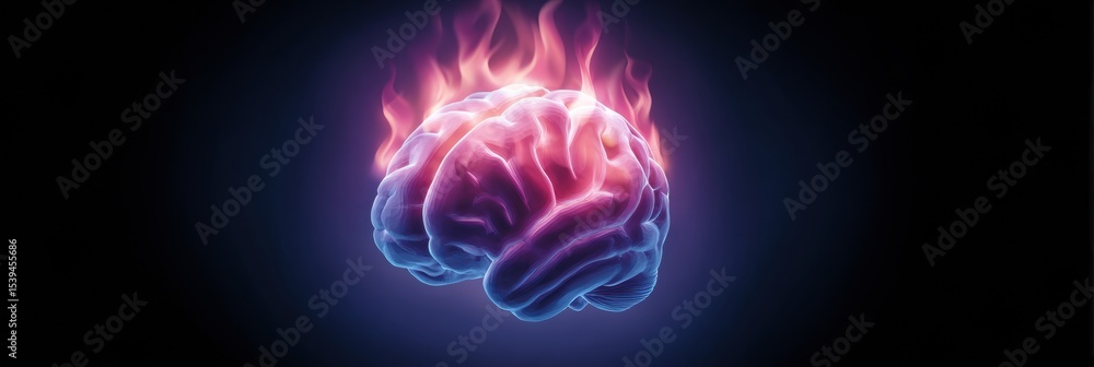 Poster glowing brain with overheating symbol surrounded by soft gradients illustrating mental strain and st