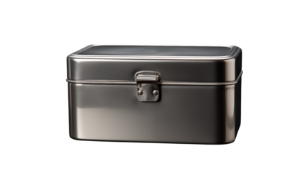 Sleek Stainless Steel Storage Box with Clasp Lid Perfect for Organization on transparent background.