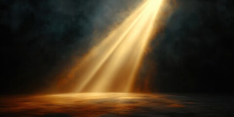 Bright beams of golden light piercing through darkness onto an empty textured surface, creating a warm and dramatic spotlight effect