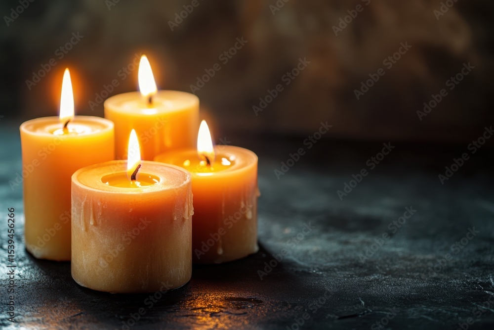 Poster four flickering candles on dark surface creating warm ambience and relaxing atmosphere for cozy sett