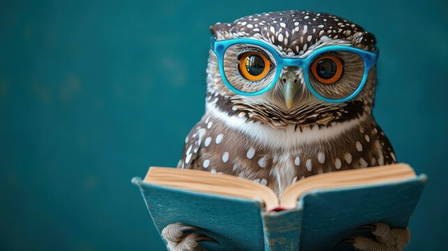 close-up of thoughtful owl wearing blue glasses holding and looking at an open book with a teal background