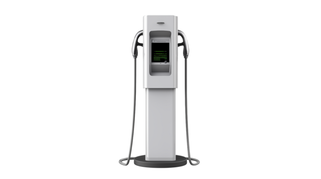 Modern Electric Vehicle Charging Station with Digital Display on transparent background.