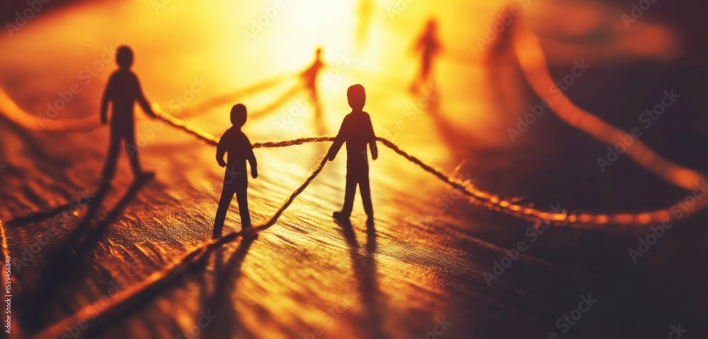 Aufkleber silhouetted figures connecting with strings at sunset symbolizing unity, community, and collaboratio