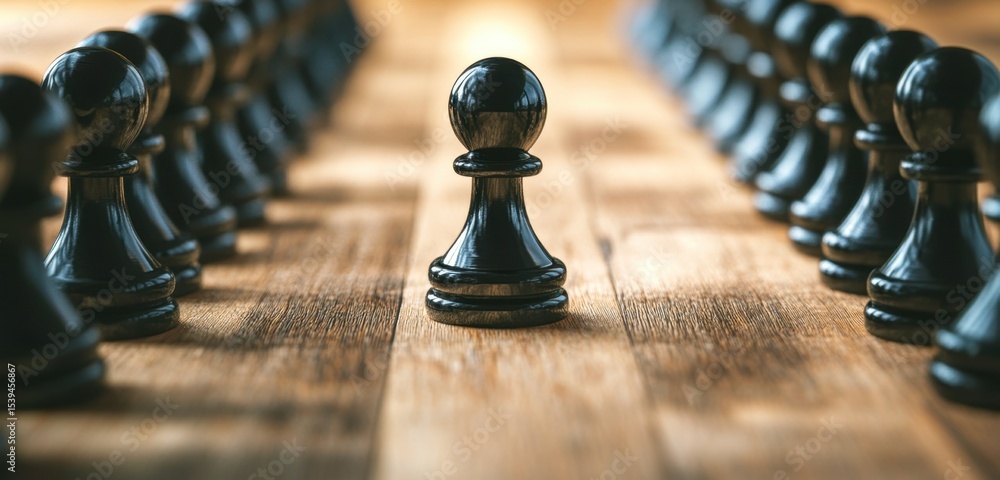 Poster conceptual image of a single pawn in the center of a chessboard surrounded by other pawns, symbolizi