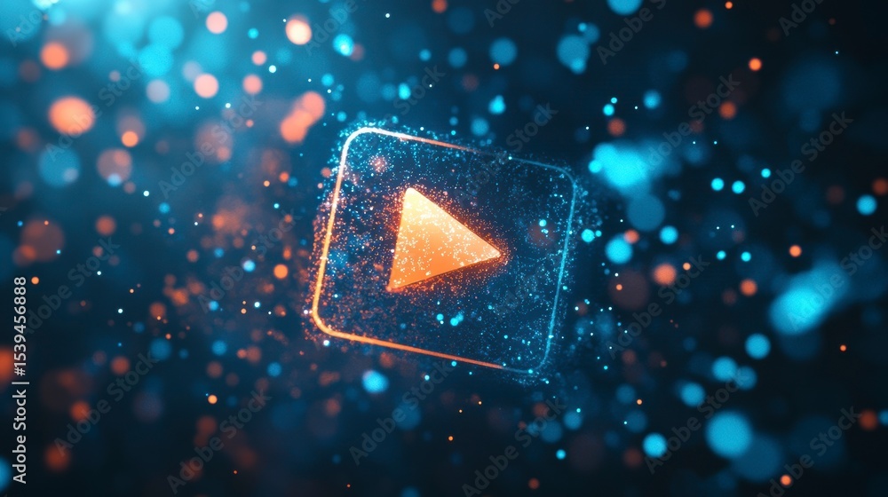Poster glowing play button icon with particles.