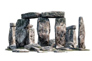 A digital rendering of a prehistoric stone circle, showing weathered grey stones of varying heights and shapes, set against a black background.  The stones appear moss-covered and ancient