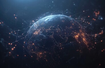 Earth globe, network of connections, glowing cities