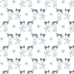 Seamless pattern with two girls. Sketch style. White background with daisies. Monochrome