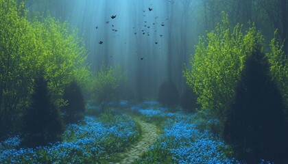 Misty forest path with wildflowers