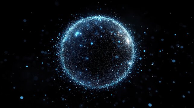 Glowing blue sphere composed of numerous small particles floating against a dark background evoking a sense of mystery and cosmic wonder