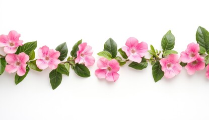 Pink flowers and leaves arranged in a horizontal line on a white background