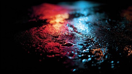 Glowing city lights reflect on wet streets, a blend of deep blue and warm tones. Urban serenity in the night.