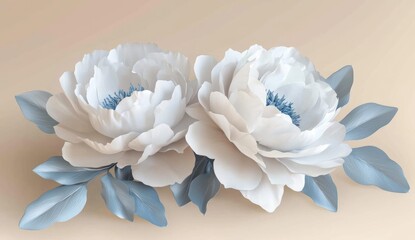Two large, white peonies with light-blue leaves, arranged on a muted beige backdrop
