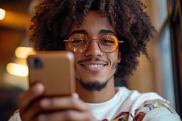 Close-up of a young man with curly hair and round glasses smiling while holding a smartphone indoors near a window with warm lighting