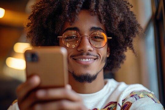 Close-up of a young man with curly hair and round glasses smiling while holding a smartphone indoors near a window with warm lighting