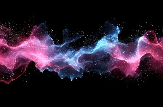 Abstract swirling, luminous, pink and blue particles on black background