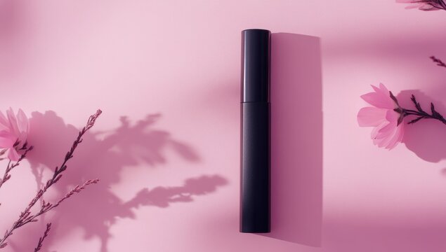 Black mascara tube on pink background with flowers and shadows - Powered by Adobe