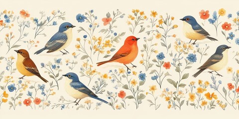Various small colorful birds perched among delicate orange, blue, and yellow flowers on pale background evoking serenity and nature beauty