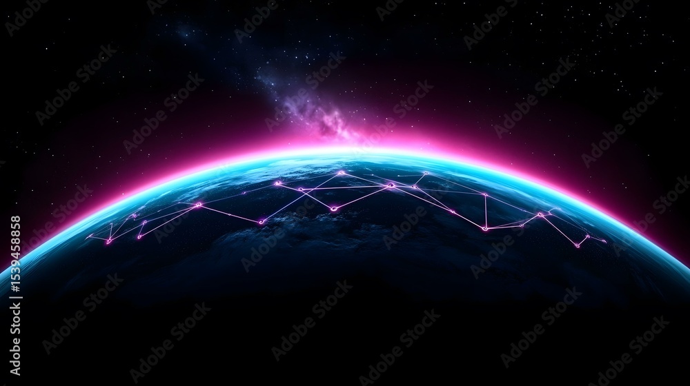 Poster a stylized image of earth at night, glowing with a pink and blue hue, shows a network of interconnec