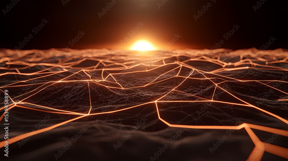Poster a digital rendering depicts a dark, undulating landscape illuminated by a bright orange sun setting 