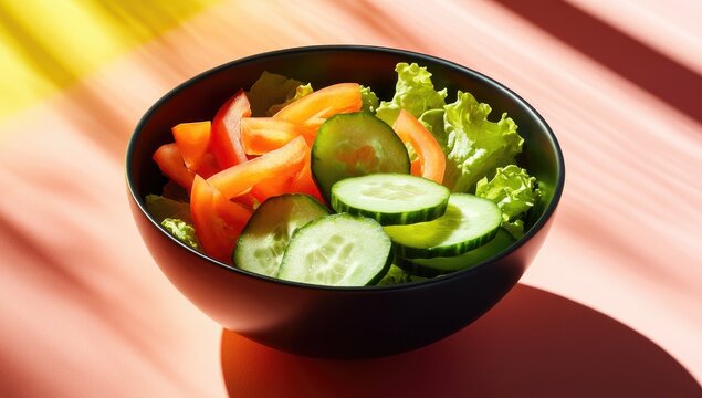 Fresh salad in black bowl, sliced tomatoes, cucumbers, & lettuce
