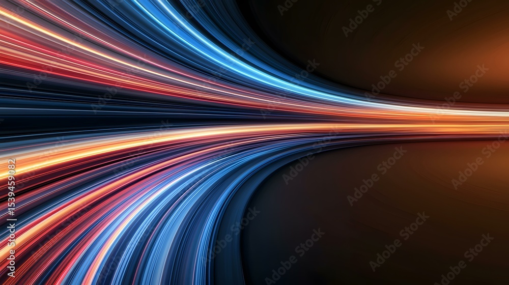 Poster the image contains a dark background with streaks of light in shades of blue, orange, and red curvin