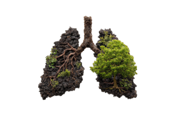 A stylized image of lungs formed from earth and a tree, symbolizing the interconnectedness of nature and human health.  The roots intertwine, illustrating a symbiotic relationship