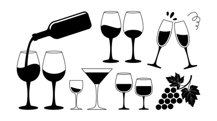 A Set Of Various Bottle Silhouettes In Black And White On White Background.