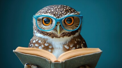 Close-up of a brown and white owl wearing blue glasses reading an open book with intense focus against a teal background