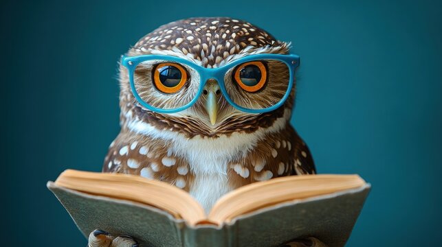 Close-up of a brown and white owl wearing blue glasses reading an open book with intense focus against a teal background