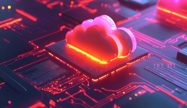 Cloud computing concept, glowing circuit board