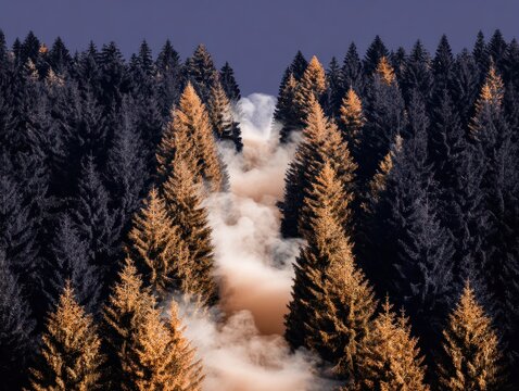 Misty path through a dark forest