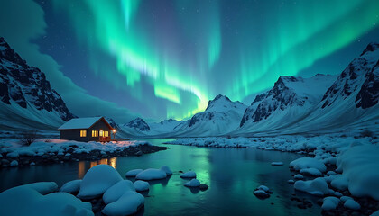 Spectacular view of the aurora borealis over a snowy mountain landscape