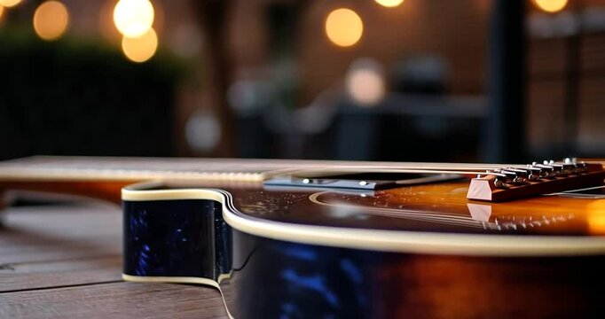 Close-up view of a sunburst acoustic guitar resting on a wooden surface, warm yellow bokeh lights in the background