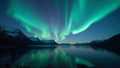 Stunning Aurora Borealis Display Over a Serene Lake and Mountainous Landscape