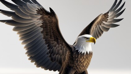 Obraz premium Majestic bald eagle soaring with outstretched wings against neutral backdrop