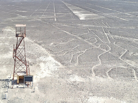 Aerial View of The Candelabra Geoglyph at the Nazca Lines in Peru