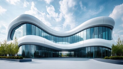 modern futuristic building with smooth curving white exterior and large glass windows under blue sky with scattered clouds