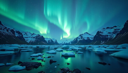 Naklejka premium Spectacular Aurora Borealis Lights Over Snow Capped Mountains and Icy Lake