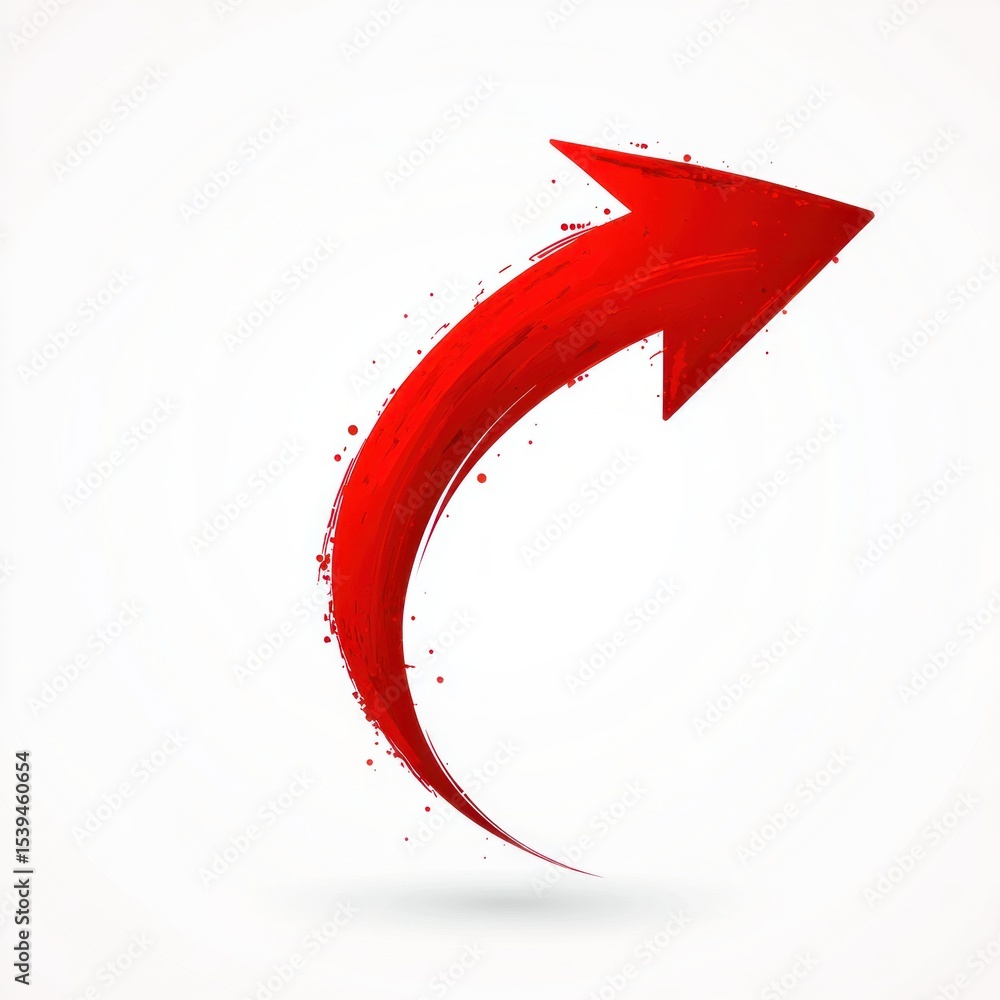 Poster bright red upward curved arrow with paint splatter effect on a white background symbolizing growth a