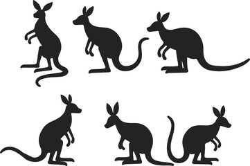 Silhouette Set of Kangaroos in Various Poses on White Background