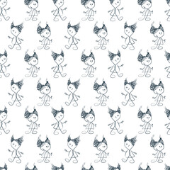 Seamless pattern with two girls. Sketch style. White background. Monochrome