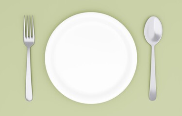 3Dイラスト_皿とカトラリー_黄緑