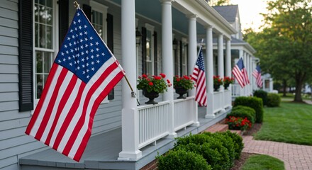 American flag proudly displayed on porch of house. Patriotic display national pride, love for country. Peaceful neighbourhood scene with houses, trees in background. Outdoor display likely for